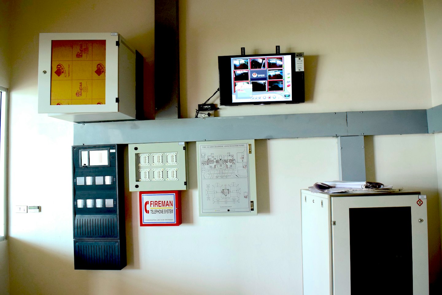 Beveiligingscamerafeeds weergegeven op een monitor boven elektrische panelen.